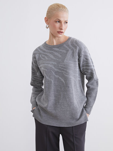 LCW Grace Bisiklet Yaka Desenli Kadın Triko Kazak - S6M260Z8-D2X