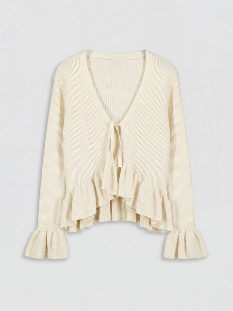 LCW Kids V Yaka Fırfırlı Kız Çocuk Triko Hırka - S6M272Z4-FDW