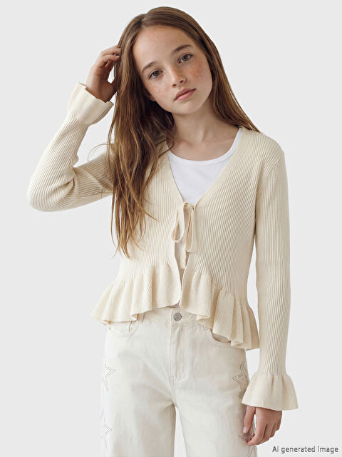 LCW Kids V Yaka Fırfırlı Kız Çocuk Triko Hırka