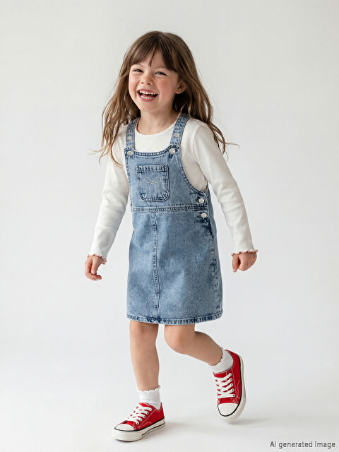 LCW Kids Kare Yaka Taş İşlemeli Kız Çocuk Jean Salopet - S6M310Z1-507