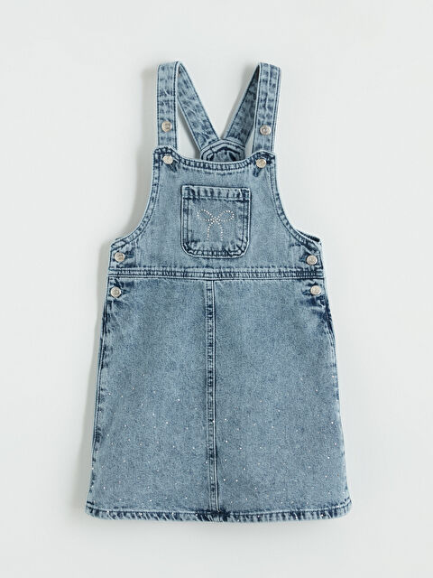 LCW Kids Kare Yaka Taş İşlemeli Kız Çocuk Jean Salopet - S6M310Z1-507
