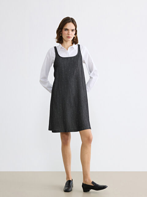 Natuvera U Yaka Askılı Taşlı Mini Jean Elbise - S6M331Z8-ZKK