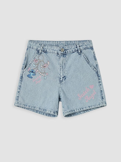LCW Kids Stitch ve Angel Baskılı Kız Çocuk Jean Şort