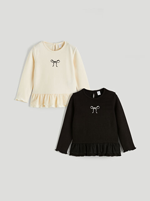 LCW Kids Bisiklet Yaka Fiyonk Detaylı Kız Çocuk Tişört 2'li - S6M437Z1-FF7