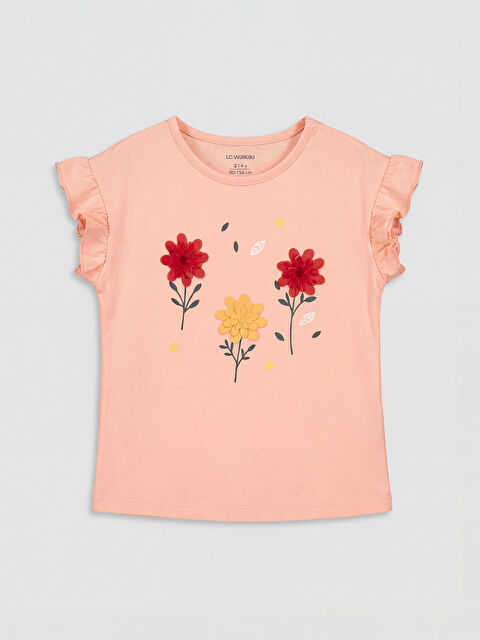 LC WAIKIKI Bisiklet Yaka Baskılı Kız Çocuk Fırfırlı Tişört - S6M460Z1-QWH