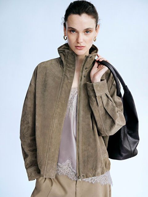 LCW Vision Dik Yaka Oversize Kadın Süet Görünümlü Ceket - S6M495Z8-DFV