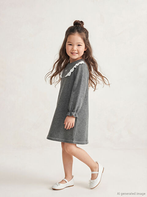 LCW Kids Bisiklet Yaka Nakışlı Kız Çocuk Elbise - S6M518Z1-L8N