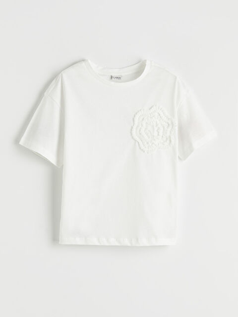 LC WAIKIKI Bisiklet Yaka Çiçek Aplikeli Kız Çocuk Tişört - S6M678Z4-FDU