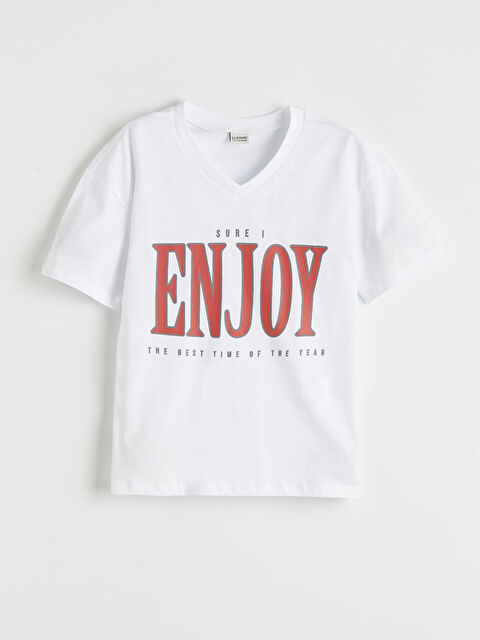 LC WAIKIKI V Yaka Baskılı Kız Çocuk Tişört - S6M681Z4-ZUY