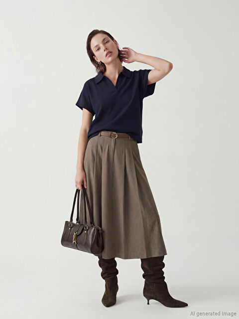 LCWAIKIKI Classic Beli Kemerli Çizgili Pile Detaylı A Kesim Etek - S6M776Z8-JSE