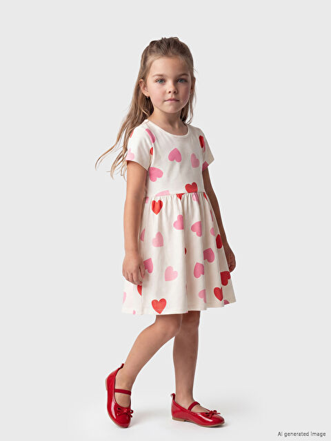 LCW Kids Дөңгелек жағалы жүрек өрнекті қыздарға арналған трикотаж көйлек