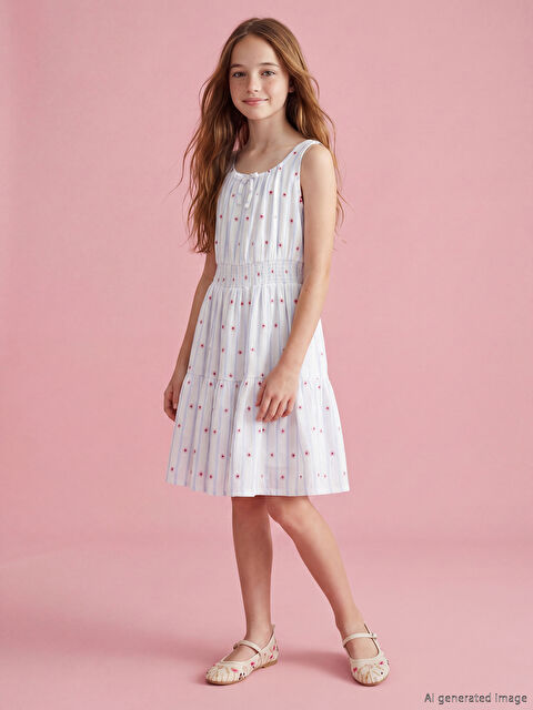 LCW Kids Kare Yaka Nakışlı Kız Çocuk Elbise