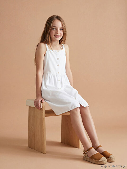 LCW Kids Kare Yaka Askılı Kız Çocuk Poplin Elbise