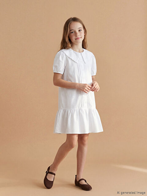 LCW Kids Bebe Yaka Nakışlı Kız Çocuk Poplin Elbise