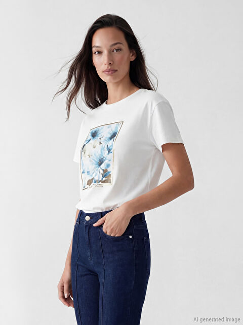 LCW EVERYDAY Bisiklet Yaka Baskılı Kadın Tişört