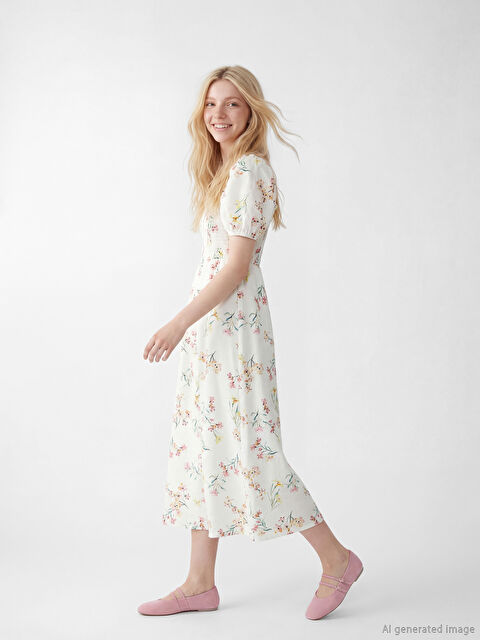 XSIDE Çiçekli Belden Oturtmalı Keten Karışımlı Elbise - S6MB23Z8-LT4