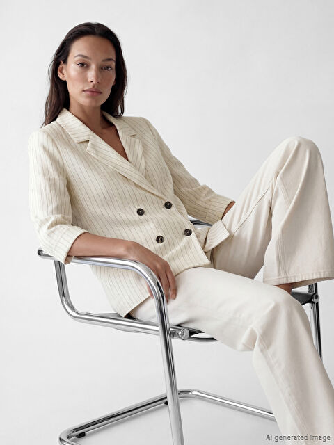 LCW STUDIO Kruvaze Yaka Keten Karışımlı Kadın Blazer Ceket - S6MC06Z8-LE8