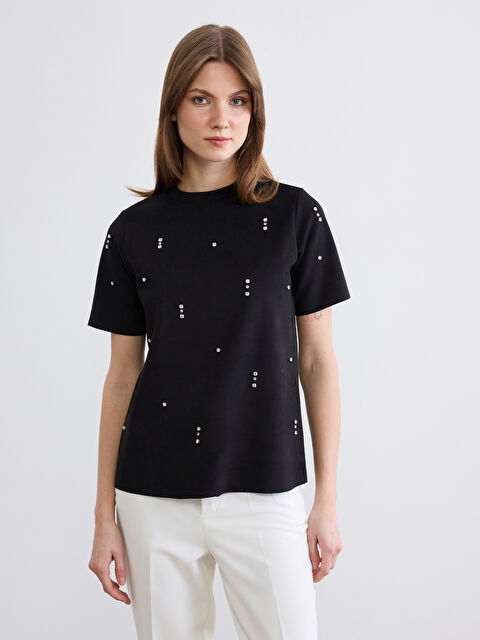 LCW Comfort Bisiklet Yaka Taşlı Kadın Süet Görünümlü Tişört - S6MC81Z8-CVL