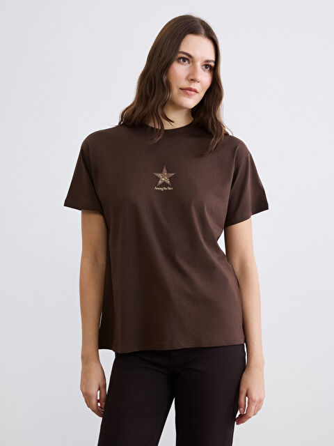 LCW Comfort Bisiklet Yaka Baskılı Kadın Tişört - S6MH36Z8-HMK