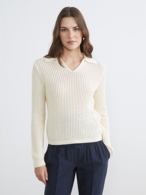 LCW Comfort Жіночий трикотажний светр з коміром-поло та ажурною в'язкою