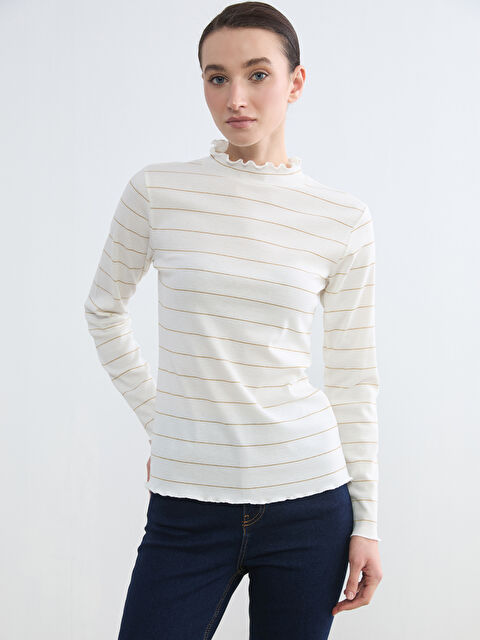 LCW Modest Fırfırlı Dik Yaka Çizgili Kadın Body - S6MH55Z8-LKK