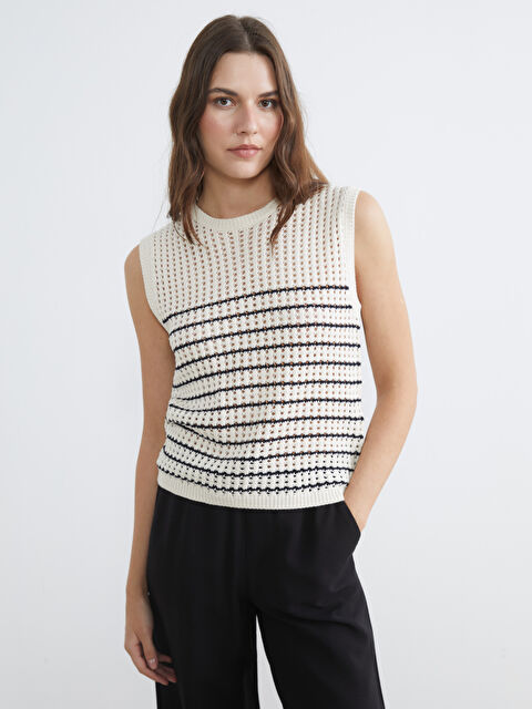 LCW Comfort Женский трикотажный свитер-жилет с круглым вырезом и ажурной вязкой