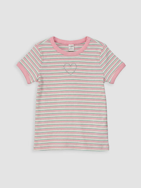 LCW Kids Bisiklet Yaka Çizgili Kız Çocuk Tişört