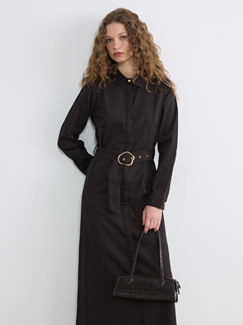 LCW Modest Gömlek Yaka Kemerli Jean Elbise - S6MI74Z8-HMK