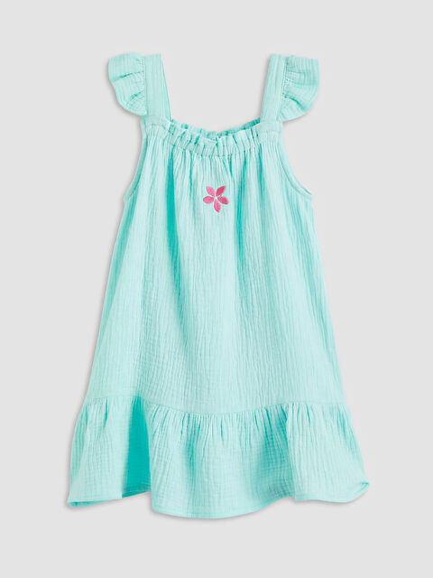 LCW Kids Kare Yaka Nakışlı Kız Çocuk Müslin Elbise