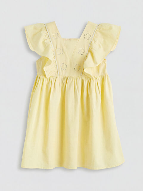 LCW Kids Square Neck Embroidered Girls' Linen Dress