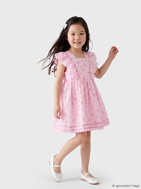 LCW Kids Kare Yaka Fırfırlı Kız Çocuk Elbise