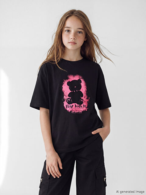 LCW Kids Bisiklet Yaka Baskılı Kız Çocuk Tişört