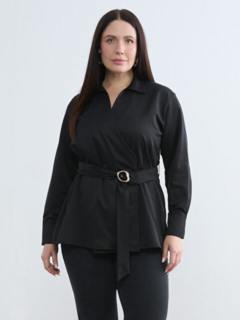 Soulife Büyük Beden Gömlek Yaka Beli Kemerli Saten Bluz - S6MK73Z8-CVL