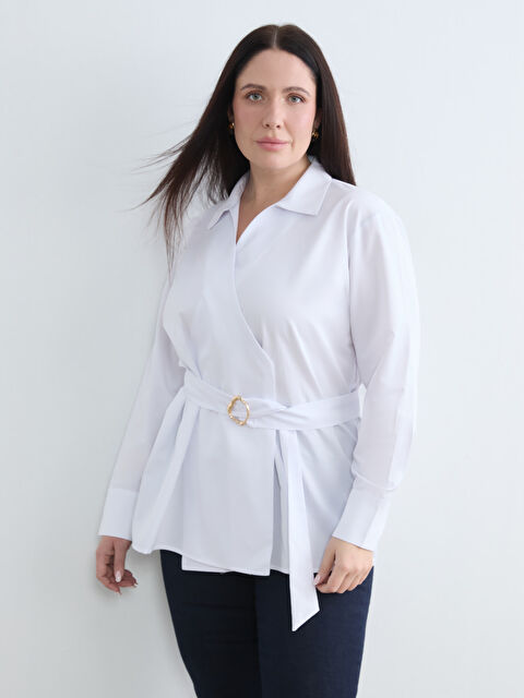 Soulife Büyük Beden Gömlek Yaka Beli Kemerli Saten Bluz - S6MK73Z8-J5E