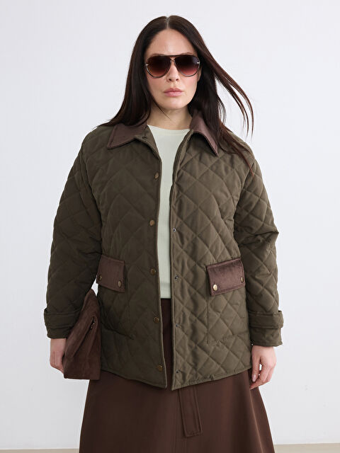 Soulife Büyük Beden Kadife Yaka Kapitone Kadın Mont - S6MK74Z8-CS5