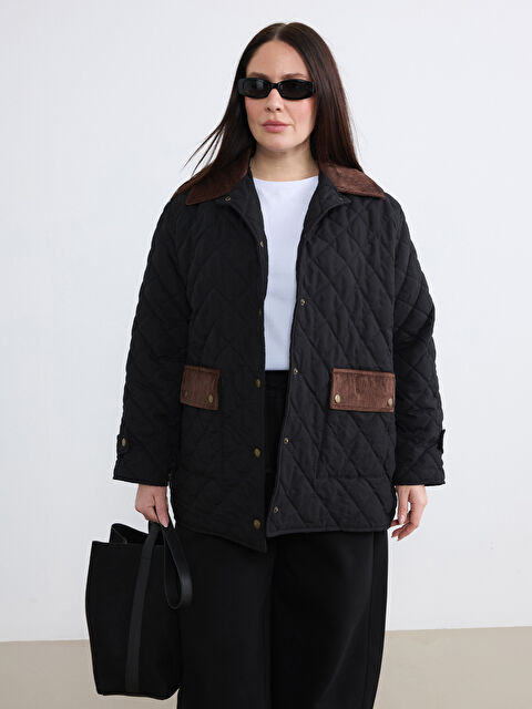 Soulife Büyük Beden Kadife Yaka Kapitone Kadın Mont - S6MK74Z8-CVL