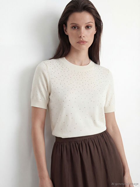 LCW Comfort Bisiklet Yaka Taşlı Kadın Triko Kazak - S6MO13Z8-TC8