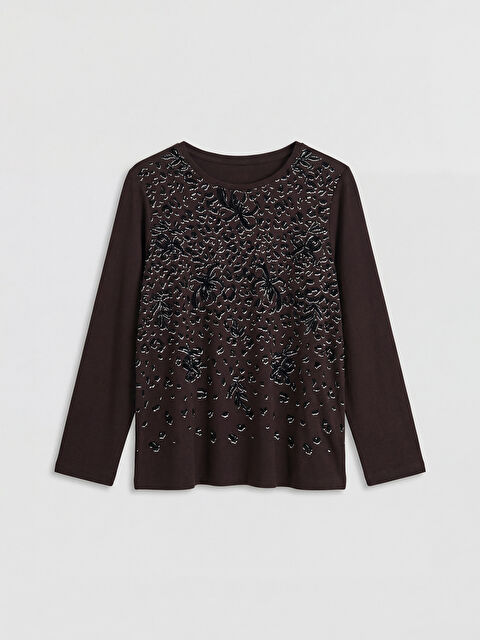 LCW Grace Bisiklet Yaka Desenli Kadın Tişört	 - S6MO46Z8-HDD