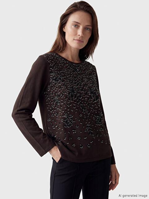 LCW Grace Bisiklet Yaka Desenli Kadın Tişört	 - S6MO46Z8-HDD