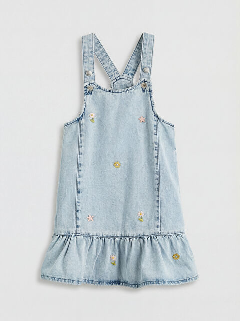 LCW Kids Kare Yaka Çiçek Nakışlı Kız Çocuk Jean Salopet	 - S6MP23Z1-507