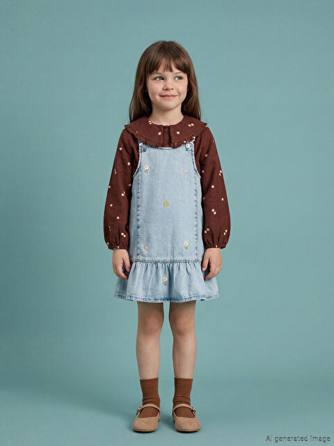 LCW Kids Kare Yaka Çiçek Nakışlı Kız Çocuk Jean Salopet Elbise - S6MP23Z1-507