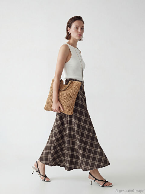 LCW Vision Beli Fermuarlı Ekose Kloş Etek - S6MR24Z8-LLM