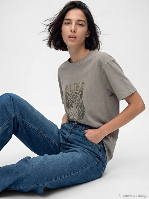 LCW Vision Kaplan Baskılı Oversize Kadın Tişört - S6MR45Z8-H4A