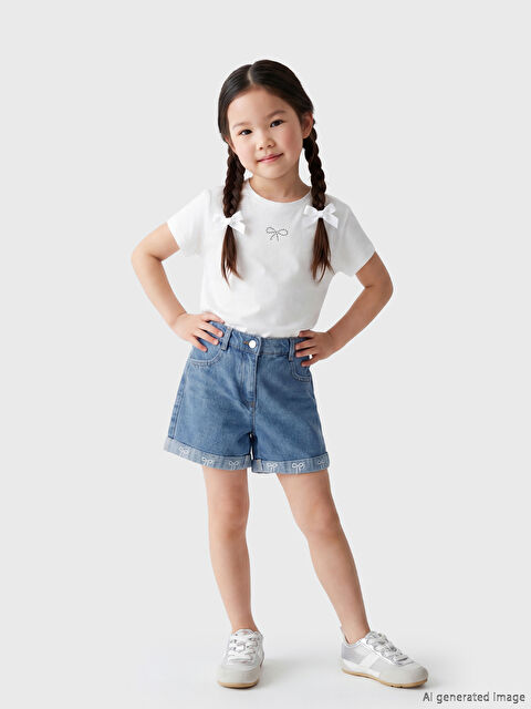 LCW Kids Fiyonk Nakışlı Kız Çocuk Jean Şort