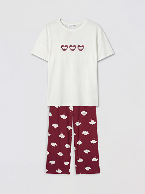 LCW Young Bisiklet Yaka Baskılı Kadın Kaprili Pijama Takımı