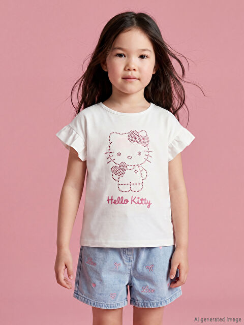 LCW Kids Hello Kitty Baskılı Kız Çocuk Taşlı Tişört