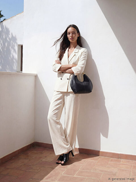 LCW STUDIO Beli Lastikli Çizgili Keten Karışımlı Kadın Pantolon