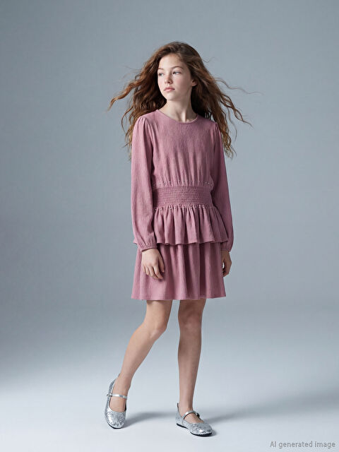 LCW Kids Bisiklet Yaka Fırfırlı Taş Detaylı Kız Çocuk Elbise - S6MU24Z4-GDD