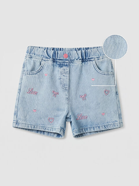 LCW Kids Beli Lastikli Nakışlı Kız Çocuk Jean Şort