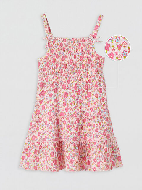 LCW Kids Kare Yaka Baskılı Kız Çocuk Krinkle Elbise